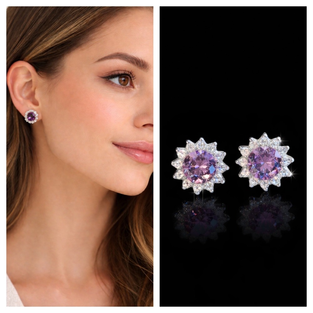 Moissanite Earrings Halo amethyst hue Sunburst Stud Earrings Sterling Silver - Picture 2 of 8